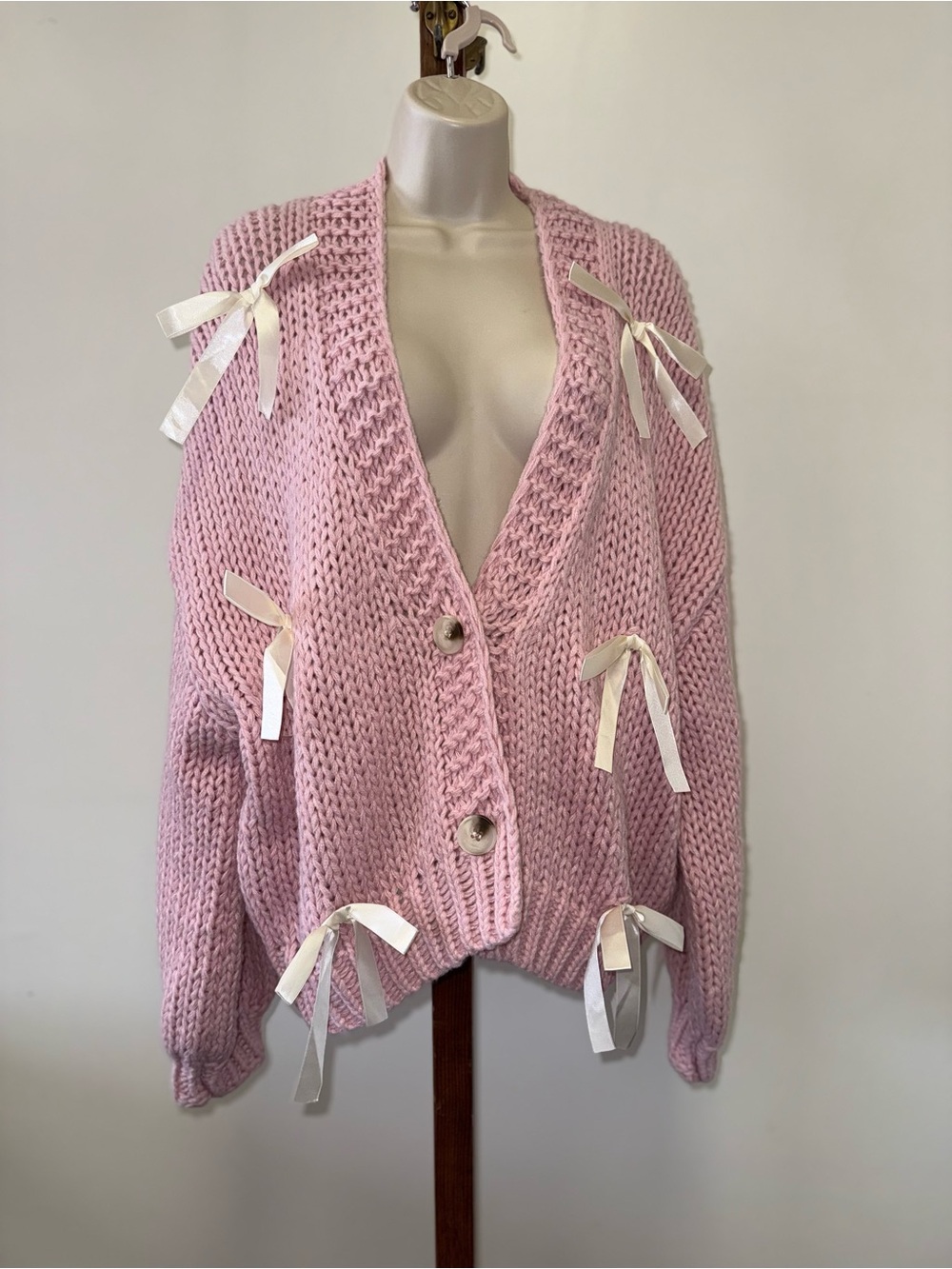 Debut (Medium//Large) Light Pink Chunky Knit Ribbon-Accent Buttoned Cardigan